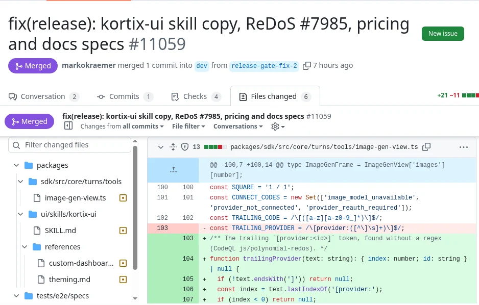 A merged Kortix change request, showing six changed files and a code diff